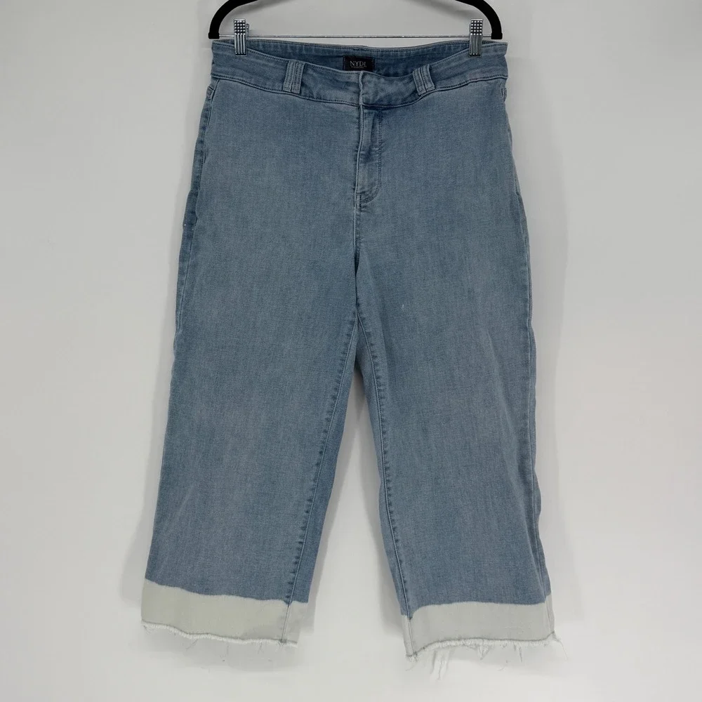 NYDJ‎ Womens Size 12 Light Wash Lift Tuck Cropped Wide Leg Raw Hem Jeans